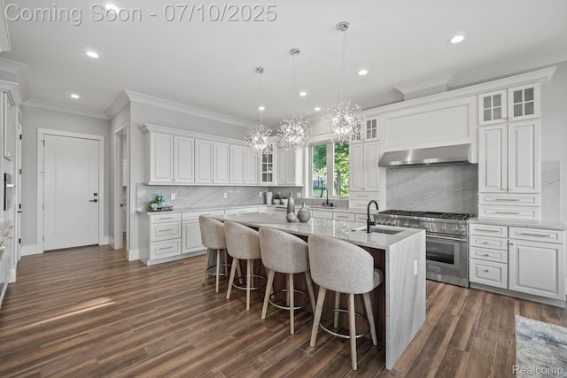 1760 Hamilton Dr, Bloomfield Hills, MI 48302 - kitchen with high end stove, extractor fan, an island with sink, recessed lighting, and a chandelier