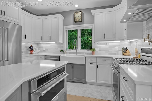 2545 Hartun Dr, Brighton, MI 48114 - kitchen featuring range hood, stainless steel appliances, white cabinets, tasteful backsplash, and recessed lighting