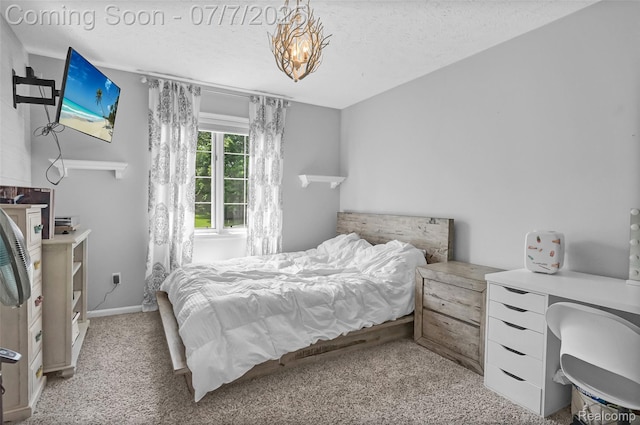 2545 Hartun Dr, Brighton, MI 48114 - bedroom featuring light colored carpet, a desk, a textured ceiling, and a chandelier