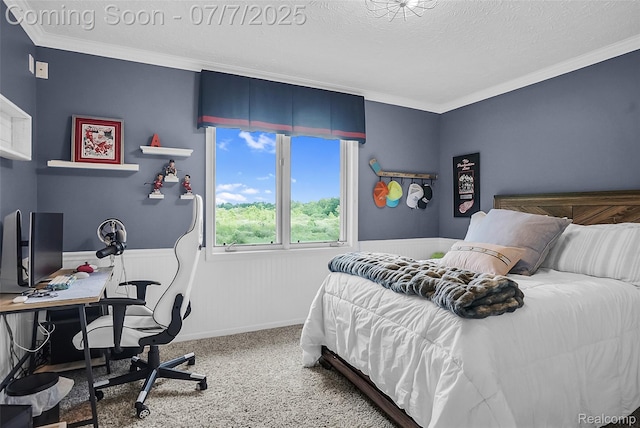 2545 Hartun Dr, Brighton, MI 48114 - bedroom featuring wainscoting, ornamental molding, carpet flooring, a textured ceiling, and an office area