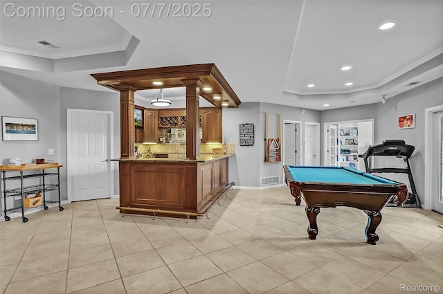2545 Hartun Dr, Brighton, MI 48114 - playroom with a raised ceiling, recessed lighting, wet bar, billiards table, and light tile patterned floors