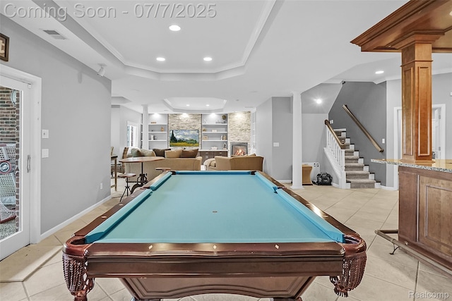 2545 Hartun Dr, Brighton, MI 48114 - rec room featuring built in shelves, light tile patterned flooring, billiards, recessed lighting, and ornate columns