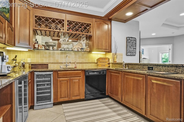 2545 Hartun Dr, Brighton, MI 48114 - indoor wet bar with black dishwasher, wine cooler, tasteful backsplash, ornamental molding, and light tile patterned floors