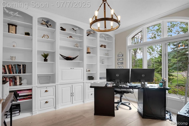 2545 Hartun Dr, Brighton, MI 48114 - office space with light wood finished floors, a chandelier, and built in shelves