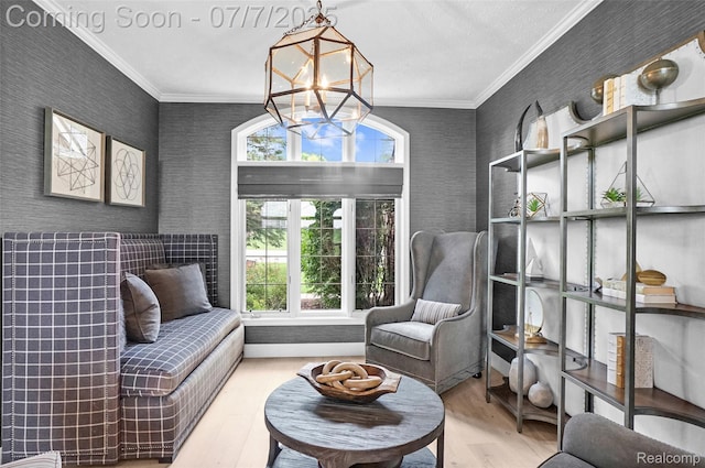 2545 Hartun Dr, Brighton, MI 48114 - living area with wallpapered walls, a chandelier, crown molding, and wood finished floors