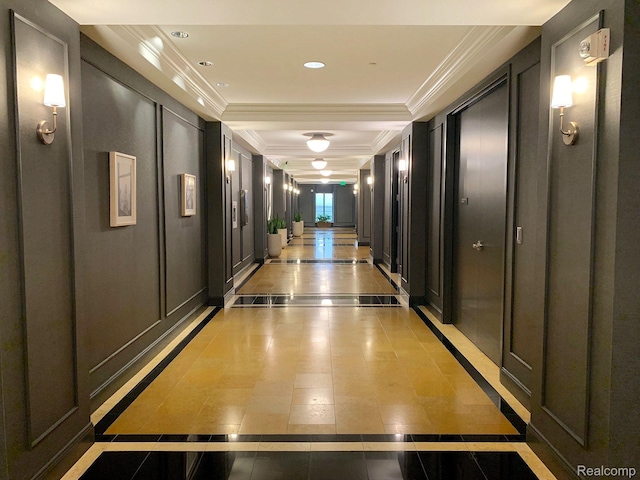 1135 Shelby St Unit 2607, Detroit, MI 48226 - hall featuring inlaid floor details, crown molding, light tile patterned flooring, and recessed lighting