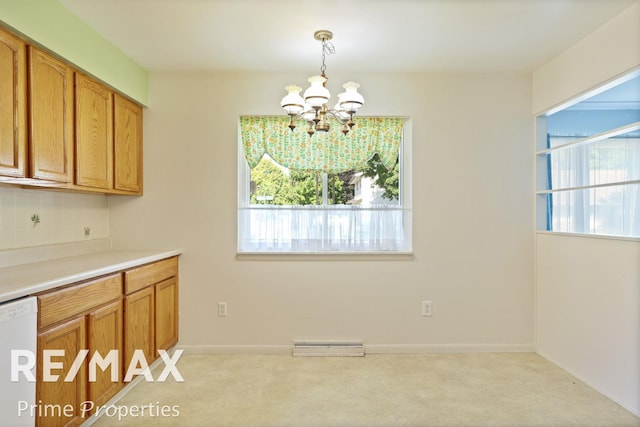2524 Whitemore Pl, Saginaw, MI 48602 - unfurnished dining area with a chandelier, light colored carpet, and a baseboard heating unit