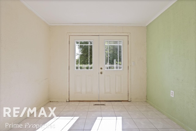 2524 Whitemore Pl, Saginaw, MI 48602 - doorway to outside with crown molding, french doors, and light tile patterned floors