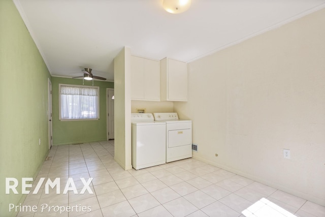 2524 Whitemore Pl, Saginaw, MI 48602 - laundry area featuring cabinet space, washer and clothes dryer, ceiling fan, and light tile patterned floors