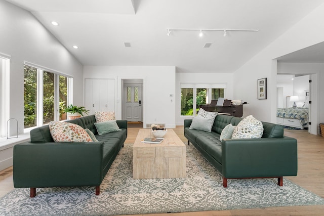 295 N Lakeshore Dr, Holland, MI 49424 - living area with track lighting, vaulted ceiling, light wood-style floors, and recessed lighting