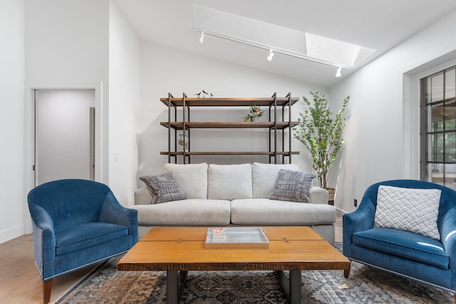 295 N Lakeshore Dr, Holland, MI 49424 - living room with rail lighting, lofted ceiling, wood finished floors, and a skylight