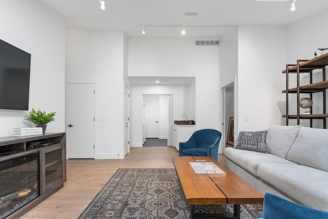 295 N Lakeshore Dr, Holland, MI 49424 - living area featuring track lighting, light wood finished floors, and a towering ceiling