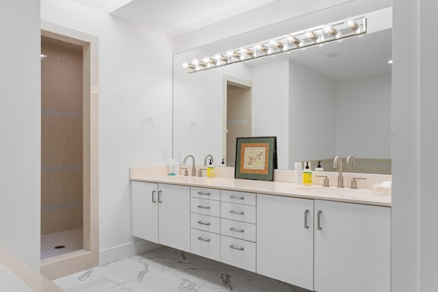 295 N Lakeshore Dr, Holland, MI 49424 - bathroom with double vanity, marble finish floors, and tiled shower
