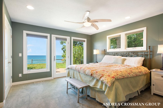 1228 Shore Crest Dr, South Haven, MI 49090 - bedroom featuring access to exterior, a water view, carpet, recessed lighting, and a ceiling fan