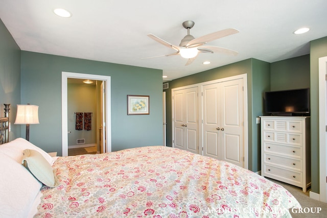 1228 Shore Crest Dr, South Haven, MI 49090 - bedroom featuring multiple closets, recessed lighting, connected bathroom, and a ceiling fan