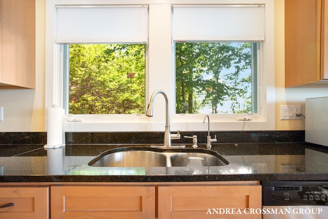 1228 Shore Crest Dr, South Haven, MI 49090 - kitchen with dishwasher, light brown cabinets, and dark stone countertops