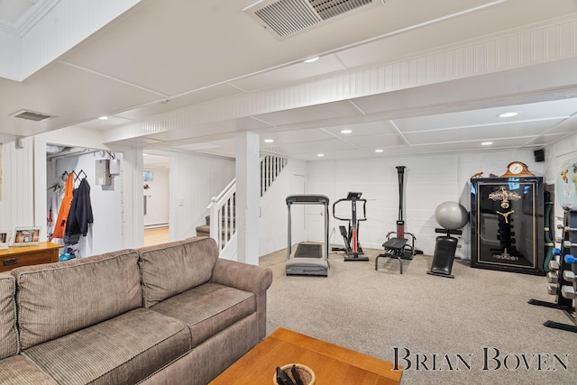 2625 Elmwood Dr, Pierson, MI 49339 - carpeted living area featuring stairs and recessed lighting
