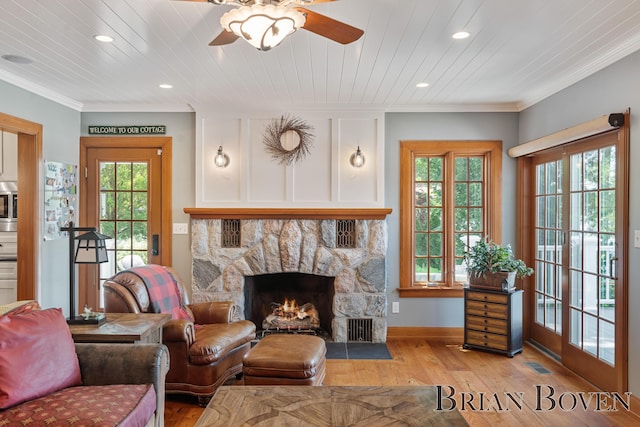 2625 Elmwood Dr, Pierson, MI 49339 - living room with recessed lighting, ornamental molding, plenty of natural light, ceiling fan, and hardwood / wood-style floors