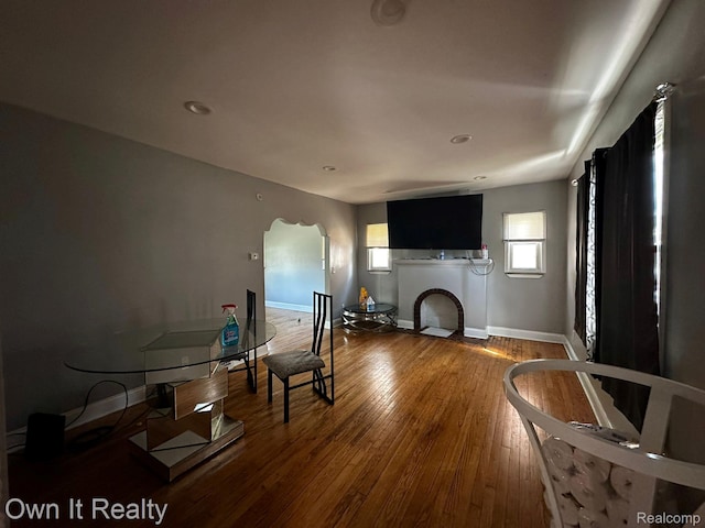 16595 Griggs St, Detroit, MI 48221 - living area featuring arched walkways, a fireplace with flush hearth, hardwood / wood-style flooring, and recessed lighting