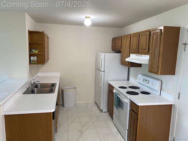 1093 Lake Park Cir Unit 6, Grand Blanc, MI 48439 - kitchen featuring white appliances, under cabinet range hood, light marble finish flooring, open shelves, and light countertops