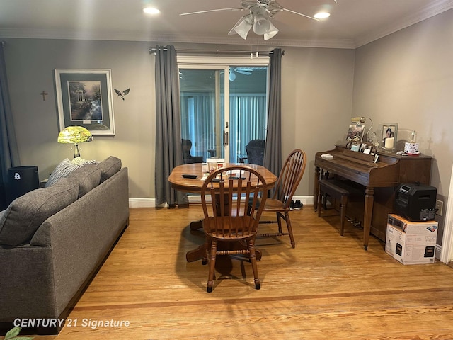 324 Pine St, Clio, MI 48420 - dining space featuring a ceiling fan, light wood-style flooring, crown molding, and recessed lighting