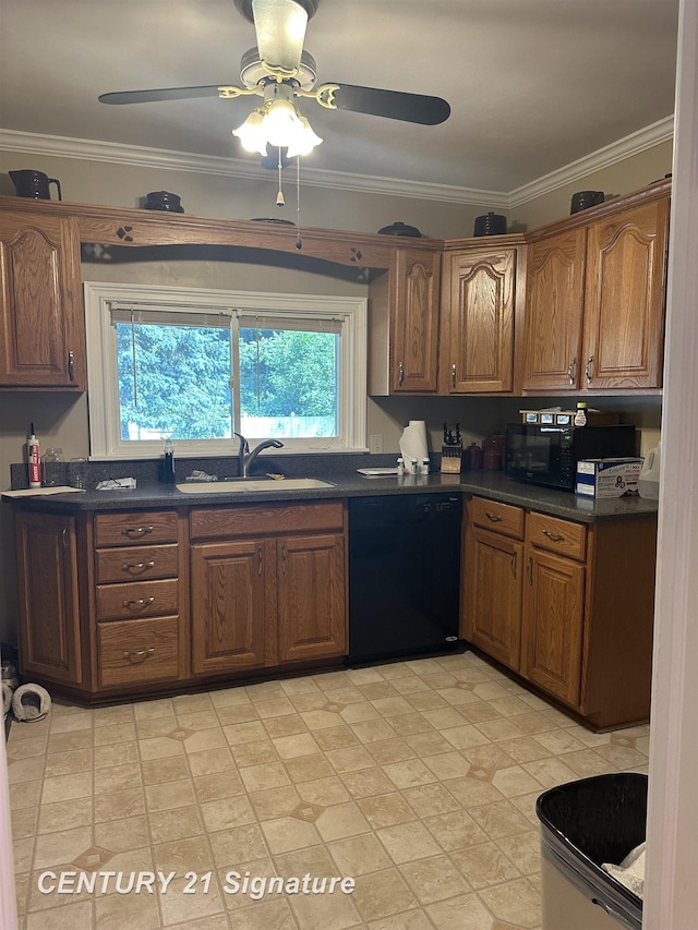 324 Pine St, Clio, MI 48420 - kitchen featuring black appliances, dark countertops, a ceiling fan, ornamental molding, and brown cabinetry
