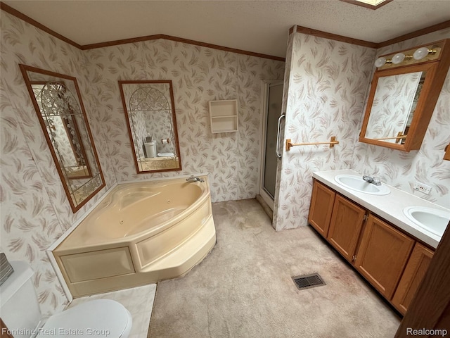 26852 Roric St, Novi, MI 48377 - full bath featuring ornamental molding, a whirlpool tub, a stall shower, double vanity, and wallpapered walls