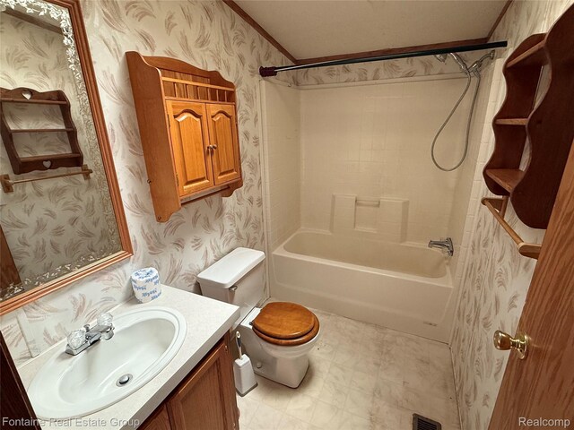 26852 Roric St, Novi, MI 48377 - bathroom with wallpapered walls, vanity, washtub / shower combination, and tile patterned floors