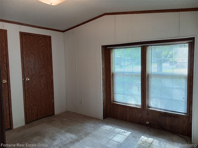 26852 Roric St, Novi, MI 48377 - carpeted empty room with vaulted ceiling, a textured ceiling, crown molding, and healthy amount of natural light