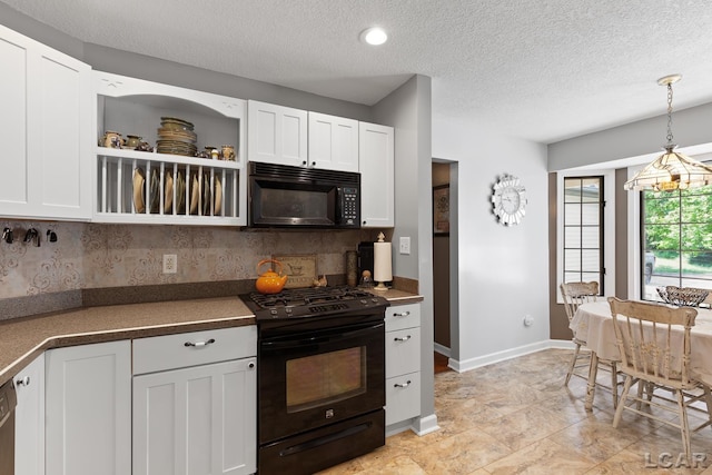15858 Lelah Ln, Addison, MI 49220 - kitchen with black appliances, dark countertops, decorative backsplash, a textured ceiling, and white cabinets
