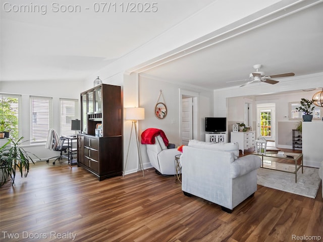 30 Beebe St, Lake Orion, MI 48362 - living area with dark wood-style floors, a desk, ceiling fan, and lofted ceiling