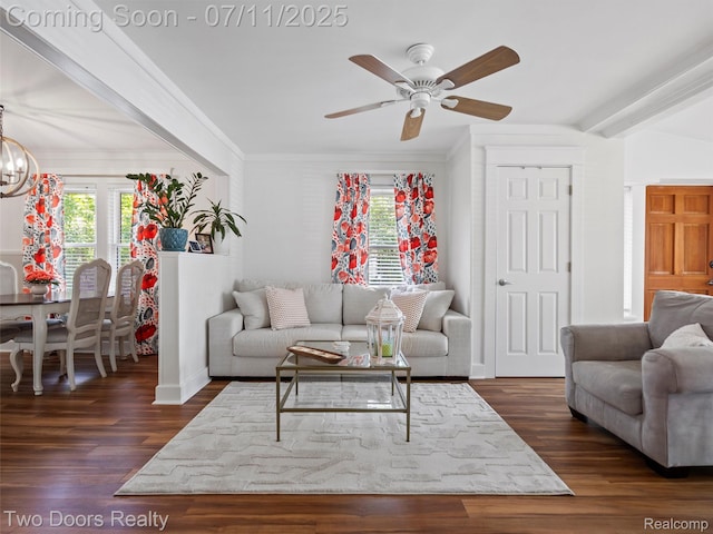 30 Beebe St, Lake Orion, MI 48362 - living room with healthy amount of natural light, a ceiling fan, dark wood-style flooring, ornamental molding, and a chandelier