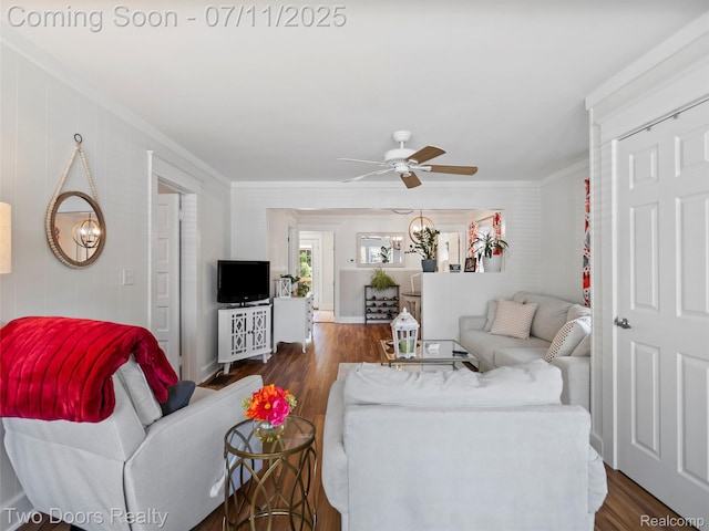 30 Beebe St, Lake Orion, MI 48362 - living area featuring dark wood-type flooring, crown molding, and ceiling fan