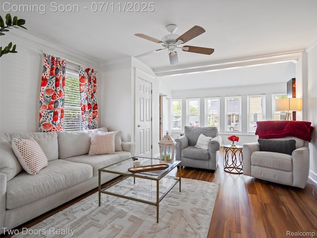 30 Beebe St, Lake Orion, MI 48362 - living room featuring healthy amount of natural light, wood finished floors, a ceiling fan, and vaulted ceiling