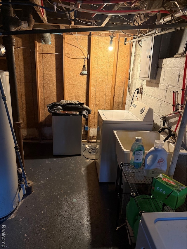 19361 Lindsay St, Detroit, MI 48235 - unfinished basement featuring water heater, electric panel, and washing machine and dryer