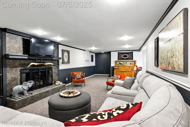 11634 Spicer Dr, Plymouth, MI 48170 - carpeted living area with a tile fireplace and ornamental molding