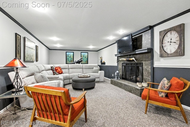 11634 Spicer Dr, Plymouth, MI 48170 - carpeted living room with ornamental molding and a tiled fireplace