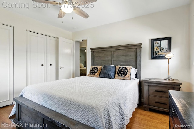11634 Spicer Dr, Plymouth, MI 48170 - bedroom featuring wood finished floors, ceiling fan, and two closets