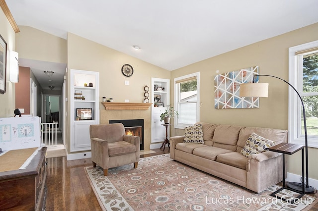 1003 Kusterer Dr NW, Grand Rapids, MI 49534 - living room featuring lofted ceiling, hardwood / wood-style floors, a tiled fireplace, and built in features