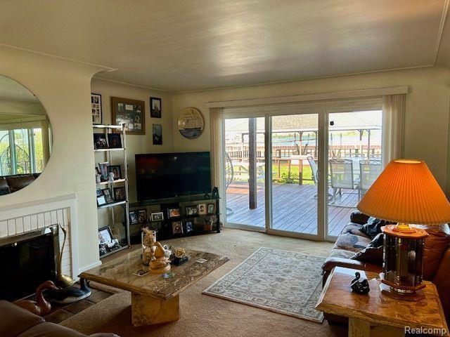32241 N River Rd, Harrison Township, MI 48045 - living area featuring plenty of natural light, carpet floors, and a fireplace