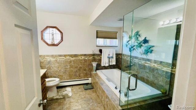 32241 N River Rd, Harrison Township, MI 48045 - bathroom with baseboard heating, vanity, a bath, a shower with shower door, and tile walls