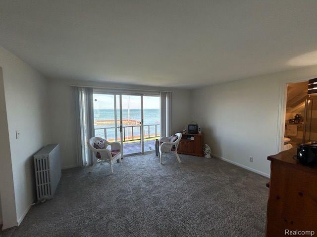 32241 N River Rd, Harrison Township, MI 48045 - sitting room featuring radiator heating unit, carpet floors, and a water view