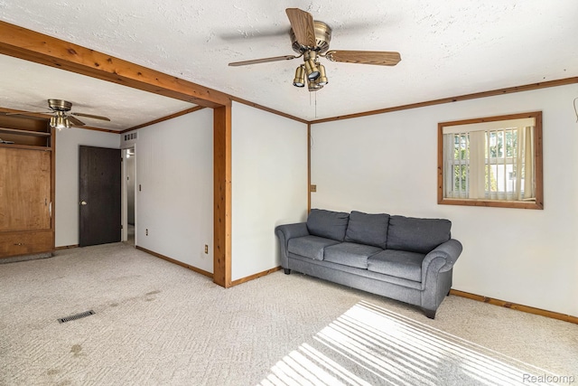 8476 Robindale Ave, Dearborn Heights, MI 48127 - living room featuring ceiling fan, light colored carpet, and a textured ceiling