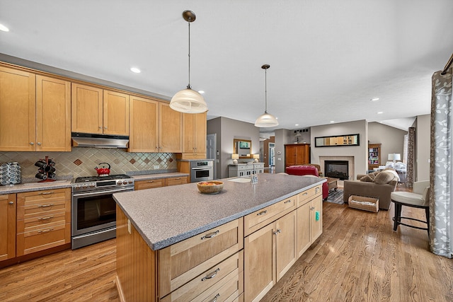 29750 Edwards Way, Niles, MI 49120 - kitchen featuring appliances with stainless steel finishes, under cabinet range hood, light wood-style floors, backsplash, and recessed lighting