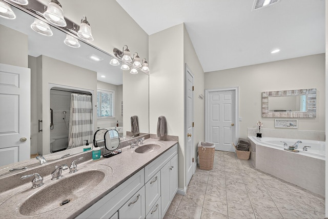 29750 Edwards Way, Niles, MI 49120 - full bathroom featuring tiled tub, double vanity, and a shower with curtain