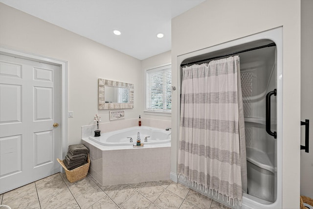 29750 Edwards Way, Niles, MI 49120 - bathroom with a garden tub, a shower with curtain, and recessed lighting