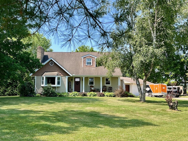 7220 W 64th St, Fremont, MI 49412 - cape cod home with a porch, a garage, a chimney, and a front lawn