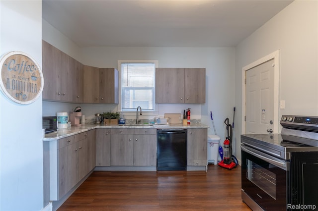 2547 Sheridan St, Detroit, MI 48214 - kitchen with stainless steel range with electric stovetop, black dishwasher, dark wood-style floors, and light stone counters