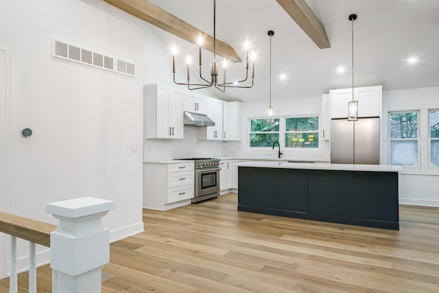 4046 Hillside Trl, New Buffalo, MI 49117 - kitchen with appliances with stainless steel finishes, under cabinet range hood, light countertops, a center island, and white cabinetry
