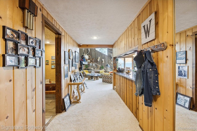 8641 Brettonwood Shores Rd, Rapid City, MI 49676 - hallway featuring carpet, a textured ceiling, and wood walls